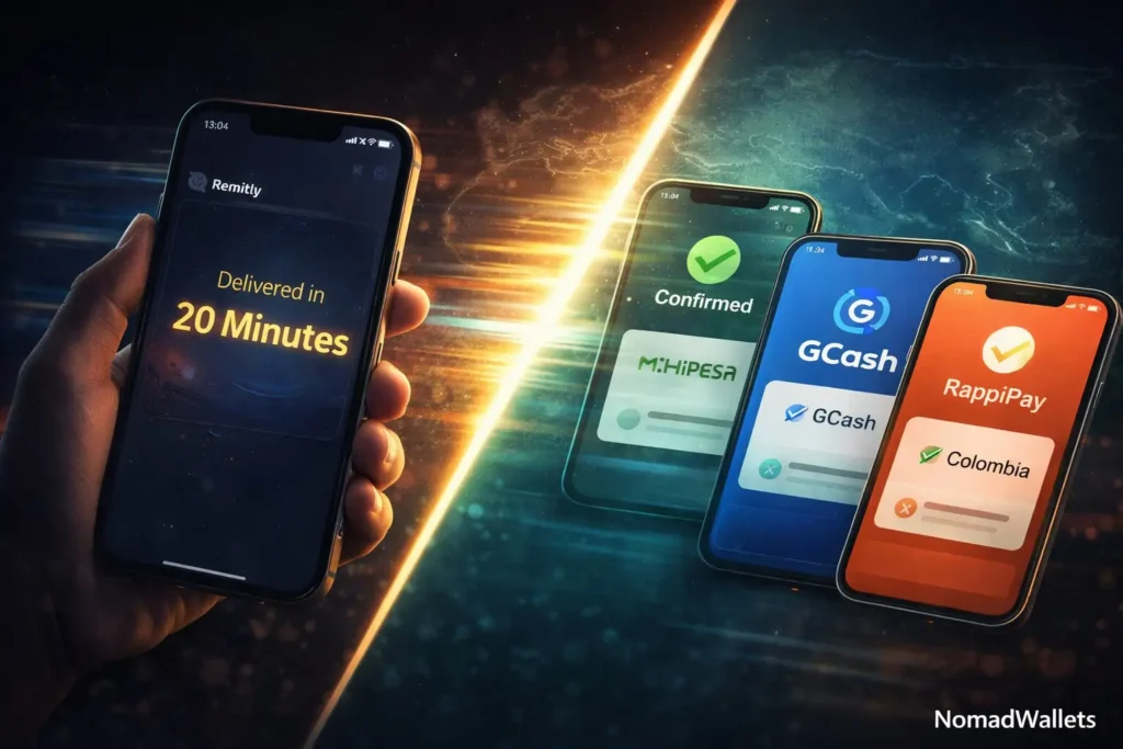 Best Money Transfer Service for Digital Nomads (2026): Wise vs Remitly vs Western Union 9 Remitly Express speed and emerging market reach showing M-Pesa GCash and RappiPay mobile wallet transfers for digital nomads