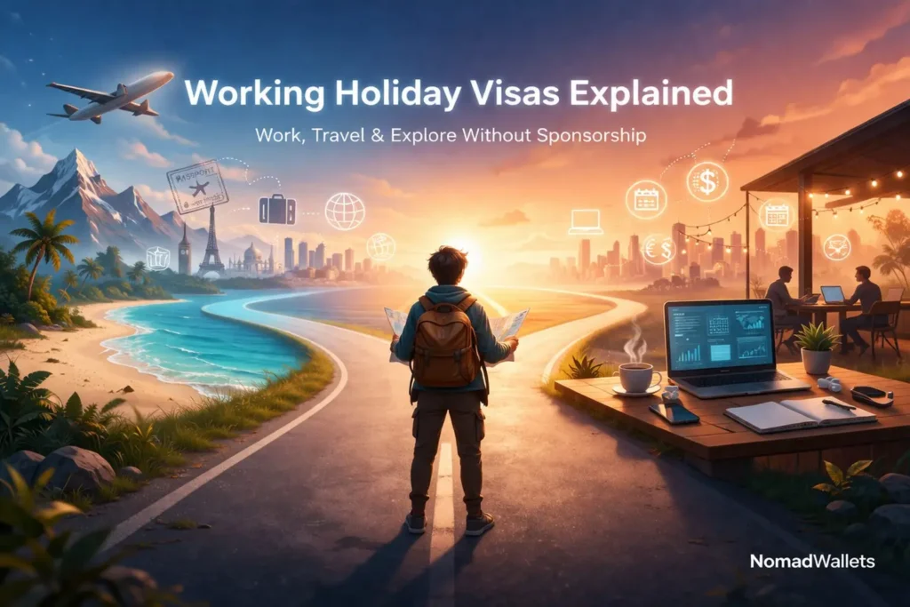 Modern illustration explaining working holiday visas showing a traveler combining work and travel with laptop, passport, and global destinations