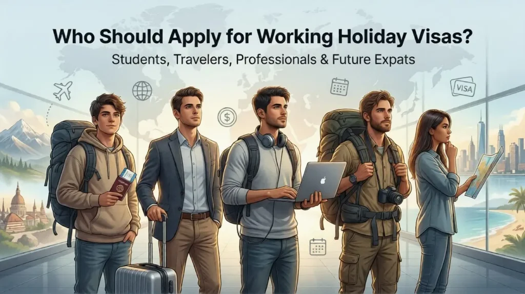 Diverse group of young travelers including students, professionals and digital nomads representing who should apply for working holiday visas