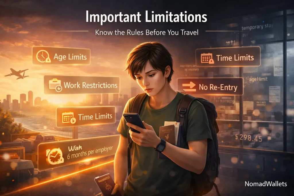 Traveler at airport with warning icons showing visa limitations like age limits, work restrictions, and time limits in a modern cinematic style