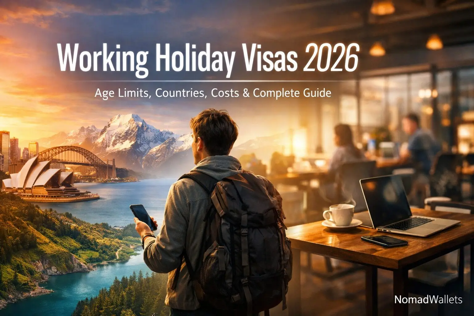 Modern hero image showing a traveler with backpack overlooking global destinations with text “Working Holiday Visas 2026 – Age Limits, Countries, Costs & Complete Guide
