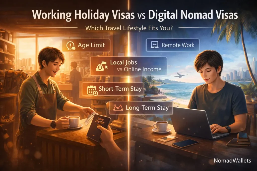 Split screen showing working holiday visa lifestyle with local job and digital nomad working remotely on laptop in modern travel comparison style