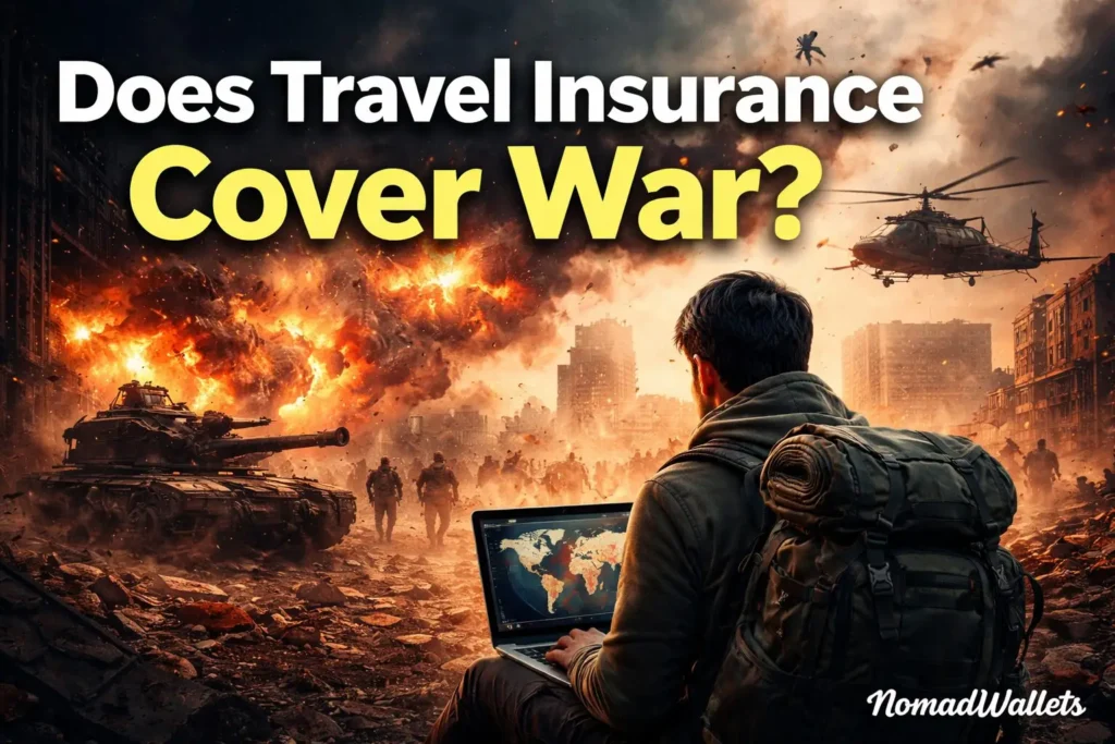 Does travel insurance cover war in 2026? Digital nomad facing conflict zone with explosions and military presence, illustrating war risk clause limitations