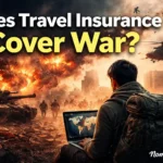 The “War Risk” Clause: Does Travel Insurance Cover War? (Shocking Truth for 2026) 1 Does travel insurance cover war in 2026? Digital nomad facing conflict zone with explosions and military presence, illustrating war risk clause limitations