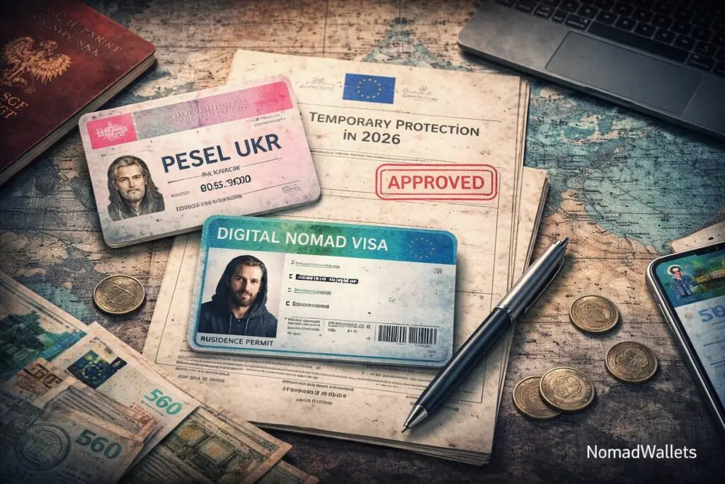 Eastern Europe Visa Changes 2026: Avoid the Protection Cliff 6 Key documents for Eastern Europe visa changes 2026 including PESEL UKR card, Temporary Protection status and Digital Nomad Visa on a travel workspace