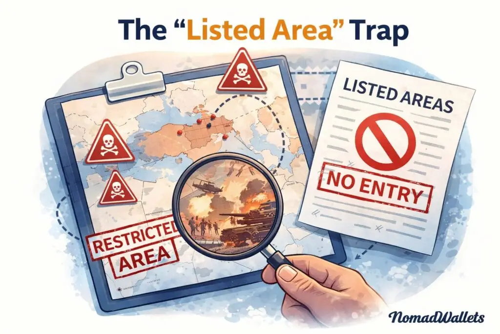 Listed area trap in travel insurance showing restricted war risk zones on map with no entry warning and NomadWallets branding