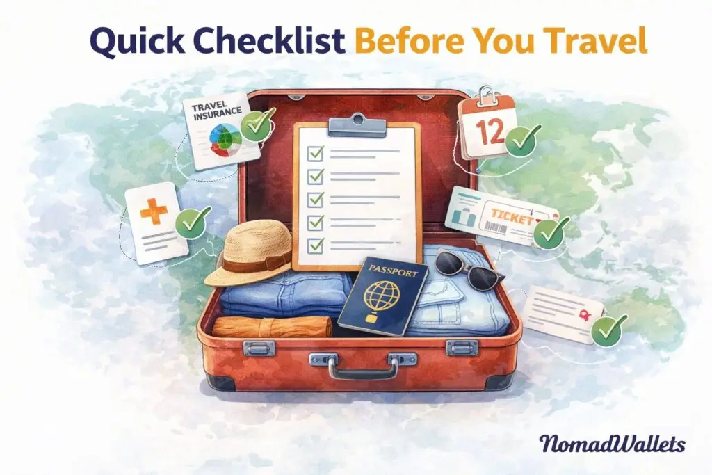 travel preparation checklist with insurance, passport, tickets, and safety essentials for international travel by NomadWallets