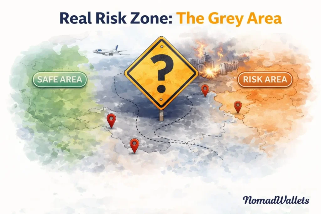 Grey area risk zone in travel insurance showing uncertain regions between safe and conflict zones with NomadWallets branding