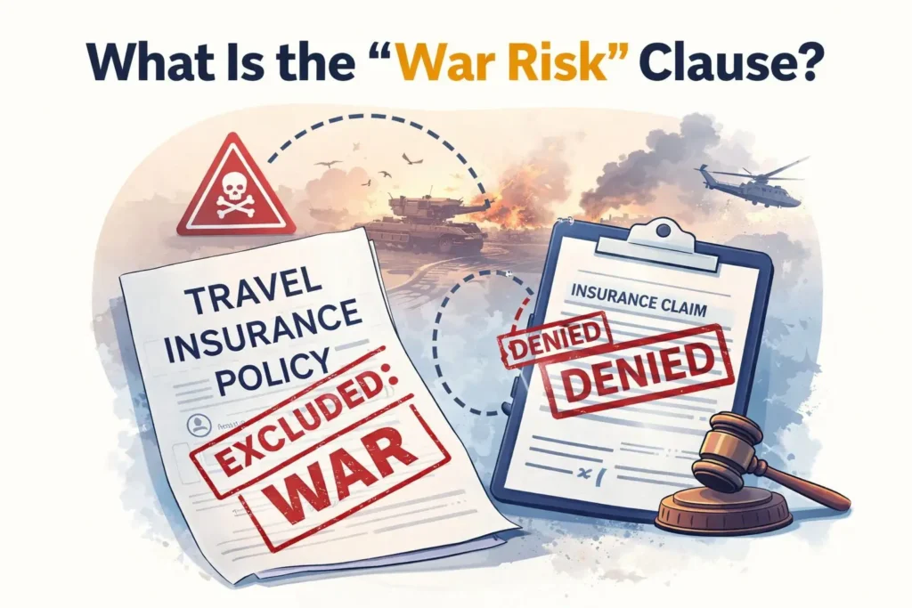 What is the war risk clause in travel insurance? Illustration of policy exclusions during war, conflict zones, and denied claims scenarios