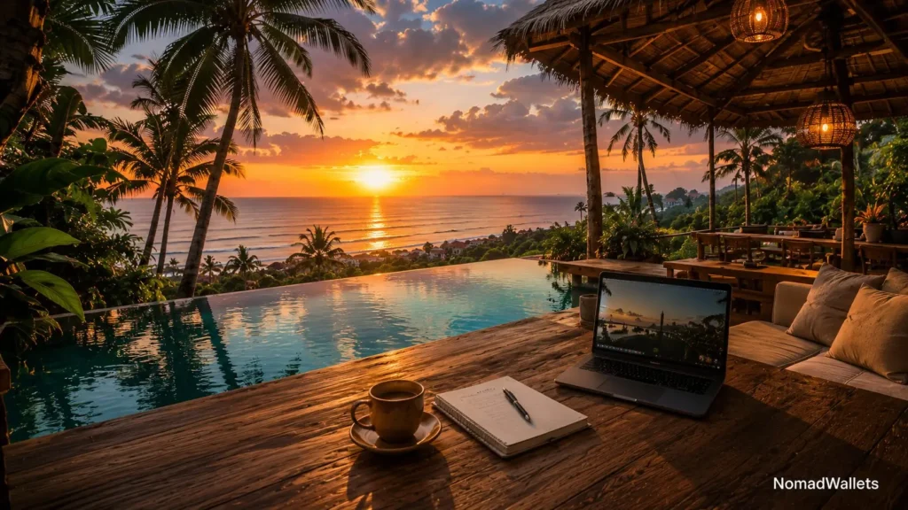 Safe Haven Nomad Hubs 2026: The 5 Best Low-Risk Countries for Remote Work 11 Luxury tropical coworking villa in Bali Indonesia with ocean view and remote work setup at sunset