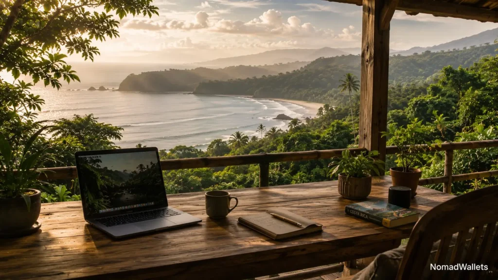 Safe Haven Nomad Hubs 2026: The 5 Best Low-Risk Countries for Remote Work 8 Tropical remote work setup in Costa Rica rainforest overlooking the Pacific coast for sustainable nomad living