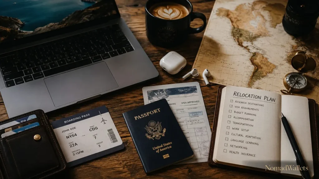 Safe Haven Nomad Hubs 2026: The 5 Best Low-Risk Countries for Remote Work 12 Passport visa documents laptop and travel essentials for digital nomad relocation and international remote work
