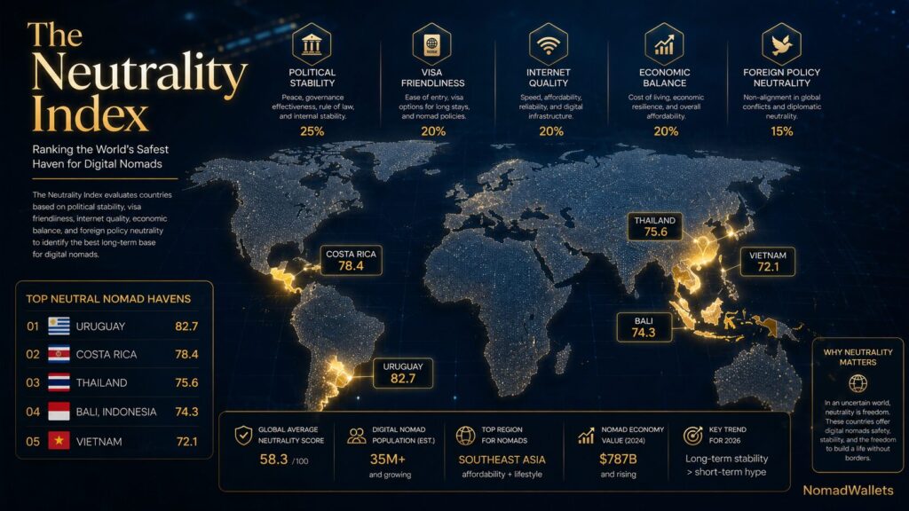Neutrality Index infographic showing safest countries and stable destinations for digital nomads in 2026