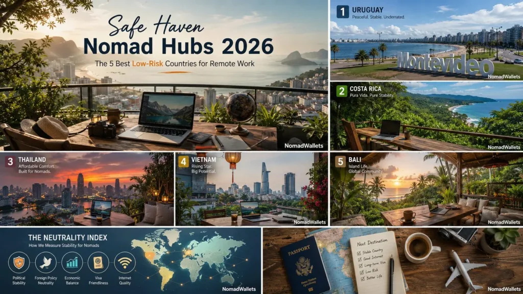 Remote work setup overlooking an international coastal city during golden hour representing safe haven nomad hubs in 2026