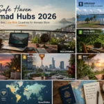 Safe Haven Nomad Hubs 2026: The 5 Best Low-Risk Countries for Remote Work 1 Remote work setup overlooking an international coastal city during golden hour representing safe haven nomad hubs in 2026