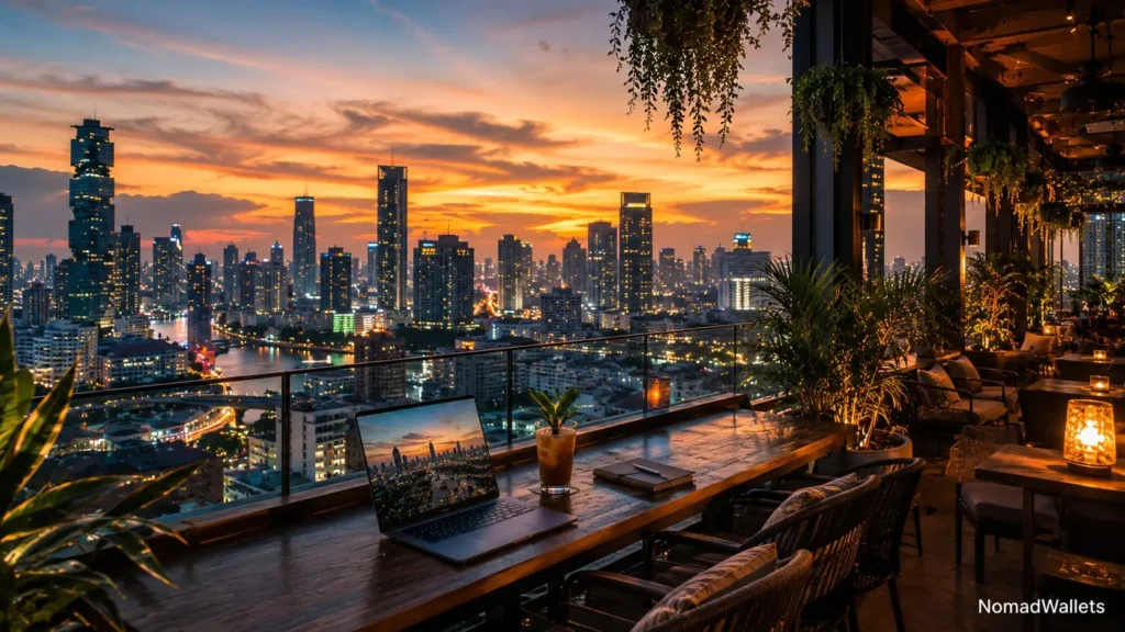 Safe Haven Nomad Hubs 2026: The 5 Best Low-Risk Countries for Remote Work 9 Bangkok skyline rooftop coworking café showcasing Thailand as a modern digital nomad destination