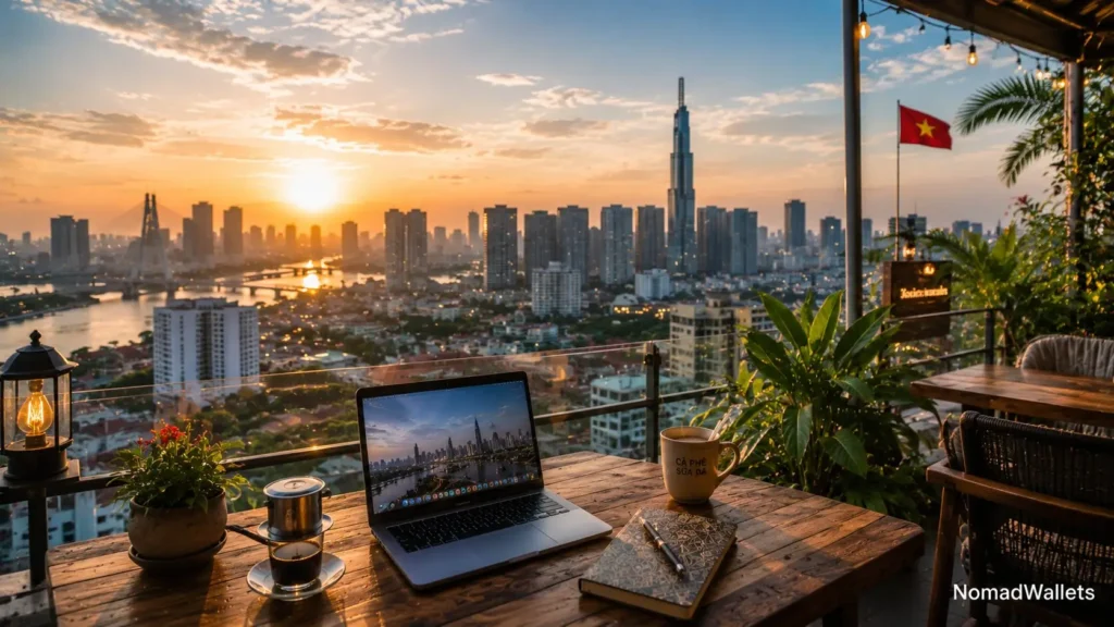 Safe Haven Nomad Hubs 2026: The 5 Best Low-Risk Countries for Remote Work 10 Ho Chi Minh City rooftop workspace with skyline view representing Vietnam’s fast-growing remote work economy