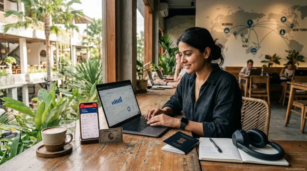 Indian digital nomad managing international payments while travelling