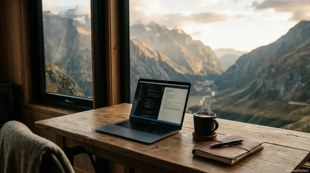 Best Digital Nomad Village in India: Nomad Sikkim Yakten (2026) 6 Remote worker using laptop in a mountain coworking space in Sikkim