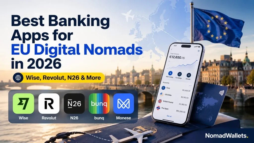 Hero image for Best Banking Apps for EU Digital Nomads in 2026 showing Wise, Revolut, N26, bunq, and Monese with a European travel-themed fintech background.