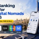 Hero image for Best Banking Apps for EU Digital Nomads in 2026 showing Wise, Revolut, N26, bunq, and Monese with a European travel-themed fintech background.