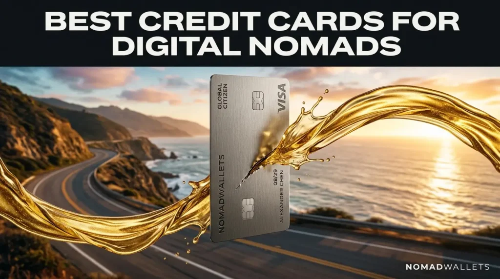 Best Credit Cards for Digital Nomads in 2026: Top U.S. Cards + Global Setup Advice 5 A conceptual editorial image of a titanium credit card slicing through liquid gold against a blurred coastal highway sunset, with bold text displaying the article title: Best Credit Cards for Digital Nomads.