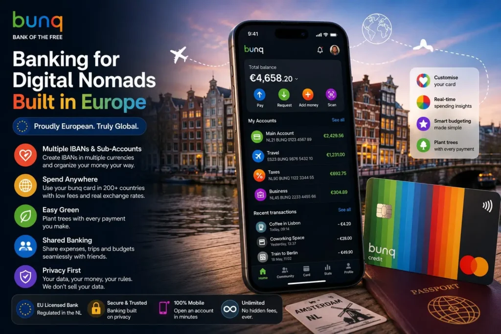 Best Banking Apps for EU Digital Nomads in 2026 (Wise, Revolut, N26 & More) 10 bunq app illustration for EU digital nomads showing multiple sub-accounts, budgeting tools, travel spending, and modern digital banking features.