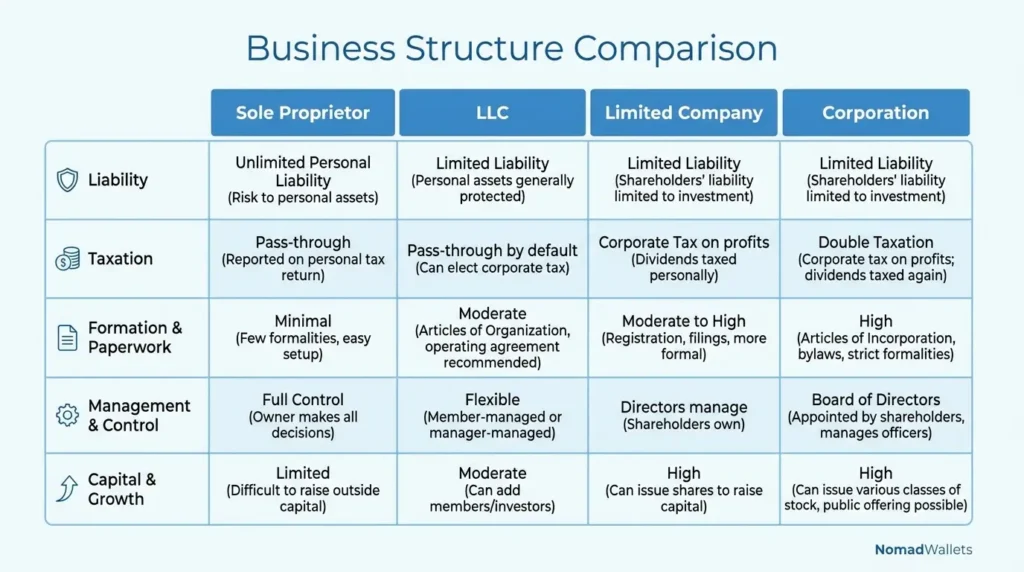 Expat Tax Planning Guide 2026: Strategies to Reduce Taxes Legally 14 Comparison of common business structures for expats and digital nomads