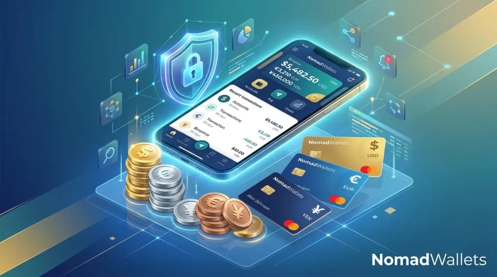 Digital Nomad Finance Guide: How to Manage Money Across Countries 6 3D isometric illustration of a digital nomad banking setup showing a smartphone displaying a secure banking app interface hovering over international bank cards and digital coins with a protective shield.