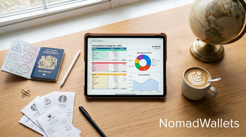 Digital Nomad Finance Guide: How to Manage Money Across Countries 9 Aesthetic flat-lay of a digital nomad budgeting and tax planning setup featuring an iPad with a colorful spreadsheet, a passport, paper receipts, and a globe on a wooden desk in natural light.
