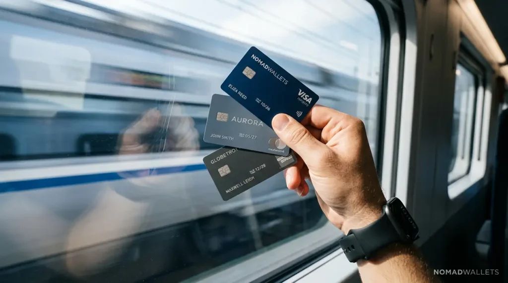 Best Credit Cards for Digital Nomads in 2026: Top U.S. Cards + Global Setup Advice 10 A hand wearing a premium smartwatch holding a fanned-out deck of sleek credit cards against the backdrop of a speeding train window.