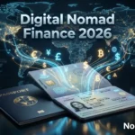 A conceptual digital nomad finance guide visual showing an open passport on a dark surface with glowing blue and gold digital streams and floating international currency symbols representing borderless money management.