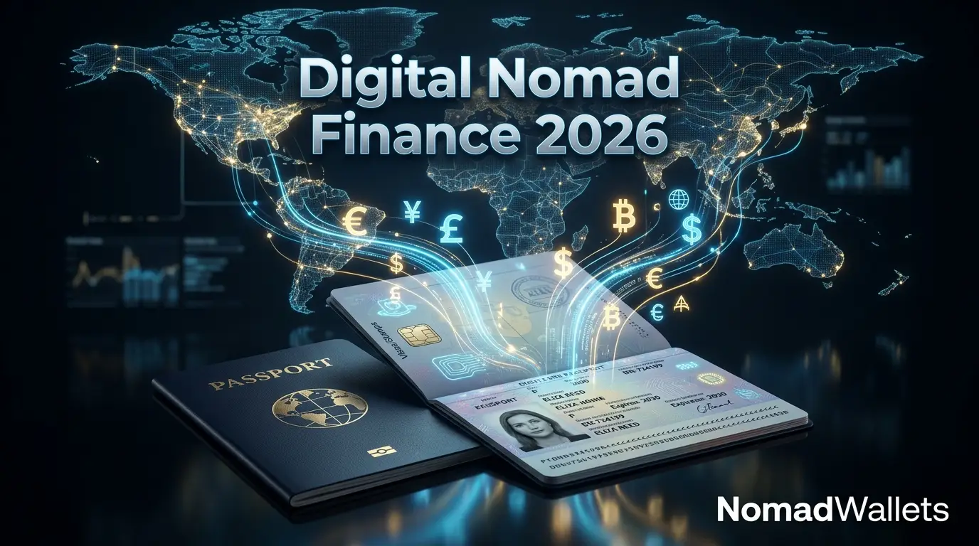A conceptual digital nomad finance guide visual showing an open passport on a dark surface with glowing blue and gold digital streams and floating international currency symbols representing borderless money management.