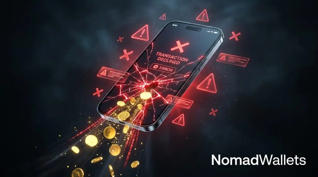 Digital Nomad Finance Guide: How to Manage Money Across Countries 11 3D render of a smartphone with glowing red cracks and digital coins leaking out into a void, representing common digital nomad finance mistakes to avoid like hidden fees and frozen accounts.