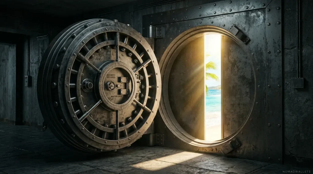 Best Credit Cards for Digital Nomads in 2026: Top U.S. Cards + Global Setup Advice 12 A heavy metallic bank vault door slightly cracked open, revealing a bright, tranquil tropical beach inside.
