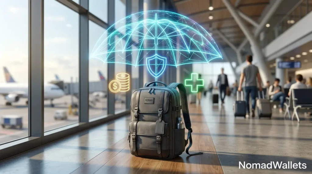 Digital Nomad Finance Guide: How to Manage Money Across Countries 10 Conceptual 3D render of a glowing digital umbrella protecting a traveler's backpack with neon icons for health and money, representing a digital nomad financial safety net in an airport terminal.