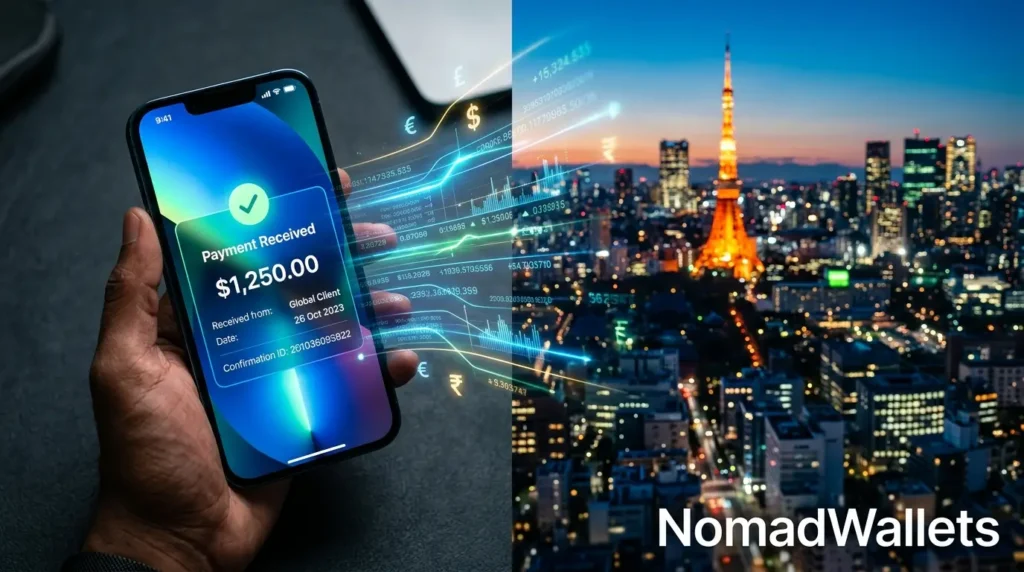 Digital Nomad Finance Guide: How to Manage Money Across Countries 7 Cinematic split-screen image showing a payment received notification on a smartphone next to a blurred international skyline with floating data streams representing digital nomad international payments.