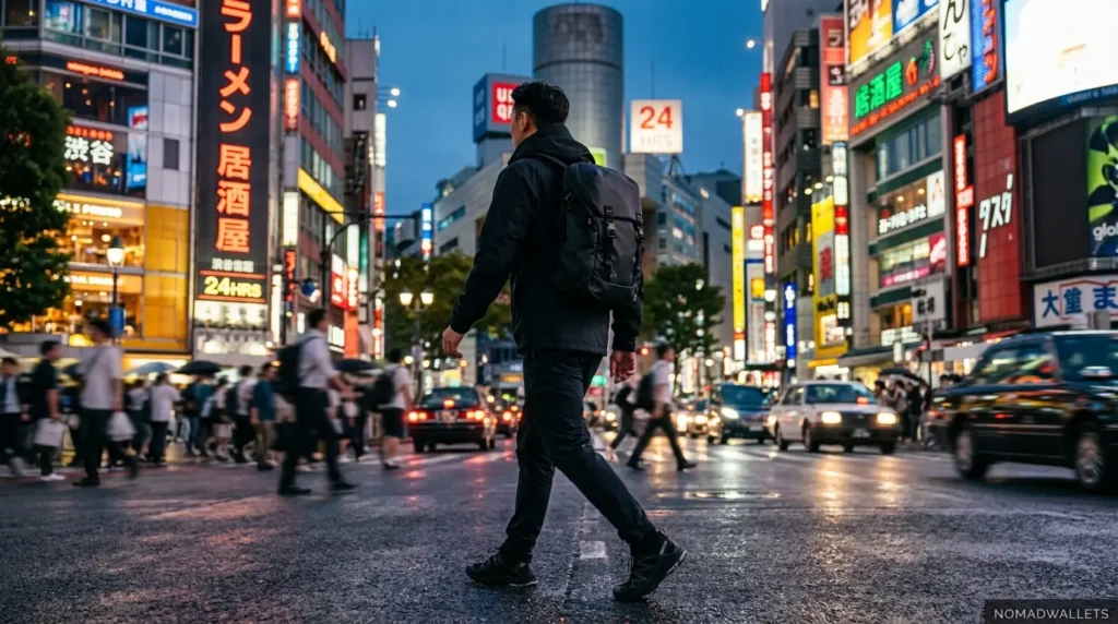 Best Credit Cards for Digital Nomads in 2026: Top U.S. Cards + Global Setup Advice 6 A traveler with a sleek backpack walking through a vibrant, neon-lit city street at dusk.