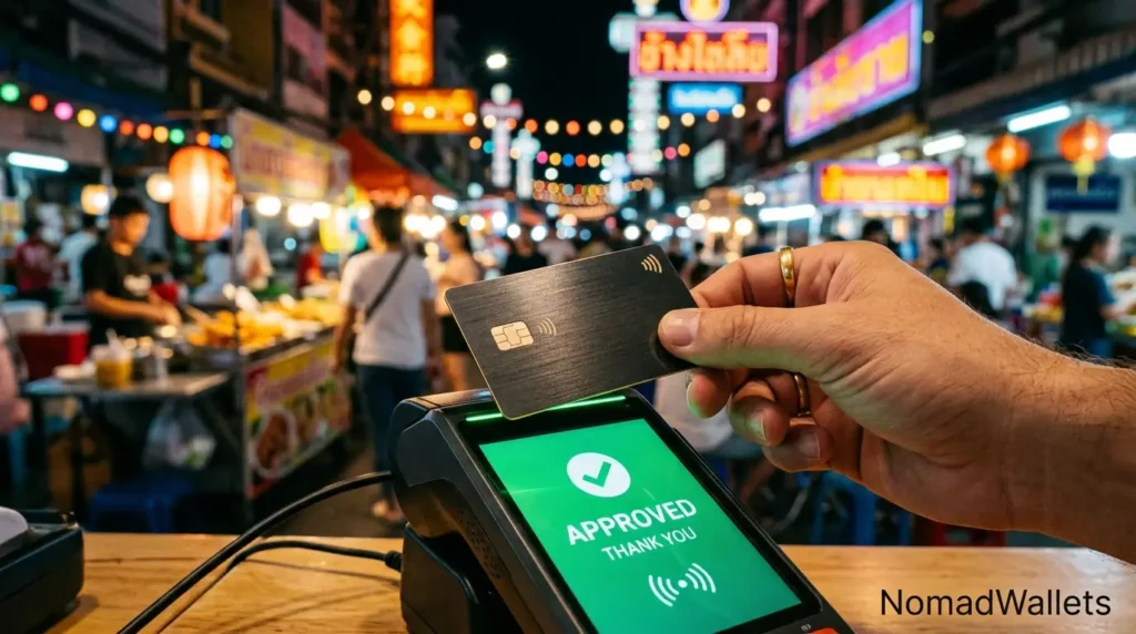 Digital Nomad Finance Guide: How to Manage Money Across Countries 8 Macro photography of a hand holding a premium dark metal credit card over a POS terminal showing an approved checkmark at a vibrant night market, representing digital nomad spending abroad.