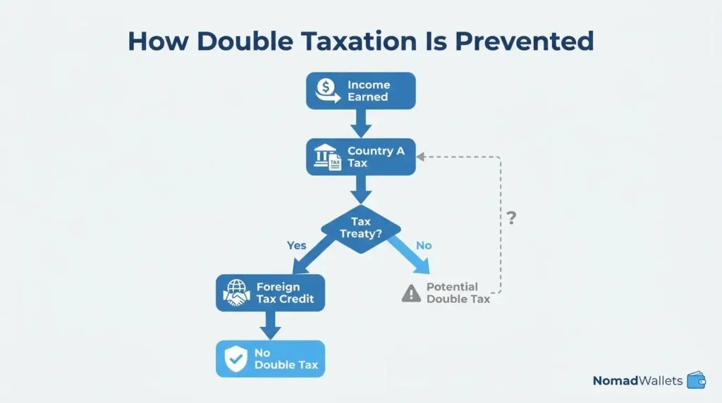 Expat Tax Planning Guide 2026: Strategies to Reduce Taxes Legally 9 Double taxation prevention flowchart using treaties and tax credits
