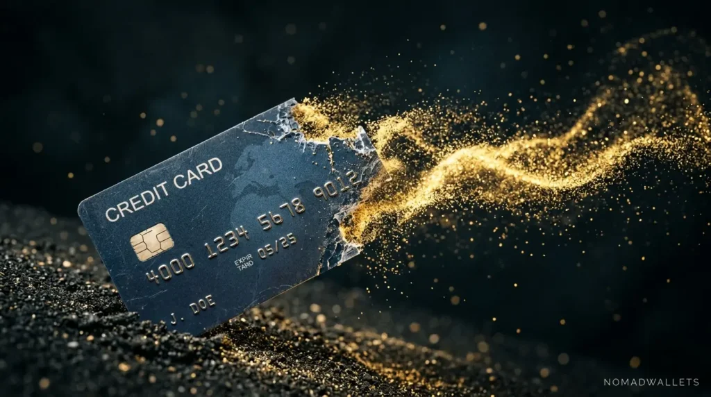 Best Credit Cards for Digital Nomads in 2026: Top U.S. Cards + Global Setup Advice 7 A conceptual visual of a credit card dissolving into glowing gold dust, representing lost money from transaction fees.
