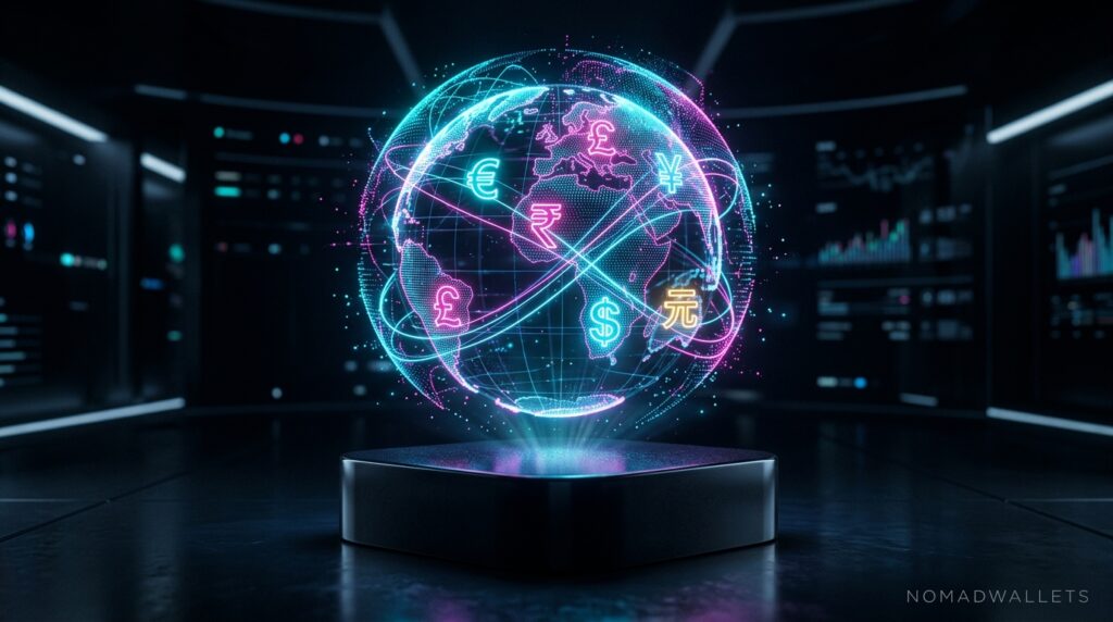 Best Credit Cards for Digital Nomads in 2026: Top U.S. Cards + Global Setup Advice 11 A glowing, futuristic holographic globe projecting different world currency symbols.