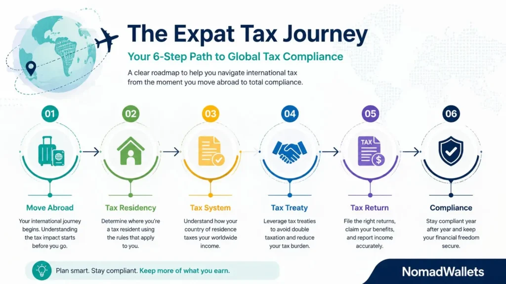 Expat Tax Planning Guide 2026: Strategies to Reduce Taxes Legally 6 How expat tax planning works step by step infographic
