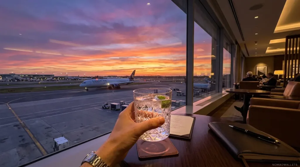 Best Credit Cards for Digital Nomads in 2026: Top U.S. Cards + Global Setup Advice 9 A first-person view of a hand holding a crystal glass of sparkling water looking out over an airport runway at sunset.