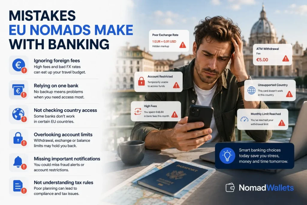 Best Banking Apps for EU Digital Nomads in 2026 (Wise, Revolut, N26 & More) 12 Illustration showing common banking mistakes EU digital nomads make, including foreign fees, relying on one bank, account limits, and travel banking issues.