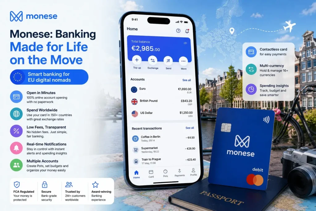 Best Banking Apps for EU Digital Nomads in 2026 (Wise, Revolut, N26 & More) 11 Monese app illustration for EU digital nomads showing quick account setup, travel spending, international banking access, and mobile banking features.