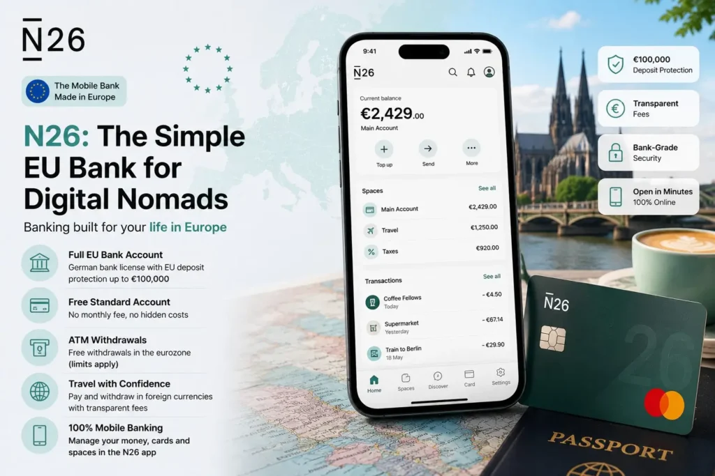 Best Banking Apps for EU Digital Nomads in 2026 (Wise, Revolut, N26 & More) 9 N26 app illustration for EU digital nomads showing a simple mobile bank account, euro banking, travel-friendly card use, and everyday digital banking features.