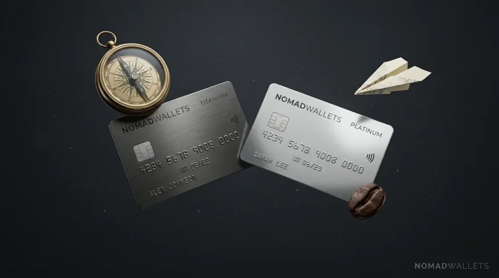 Best Credit Cards for Digital Nomads in 2026: Top U.S. Cards + Global Setup Advice 8 Two premium metal credit cards floating in zero gravity surrounded by luxury travel items.
