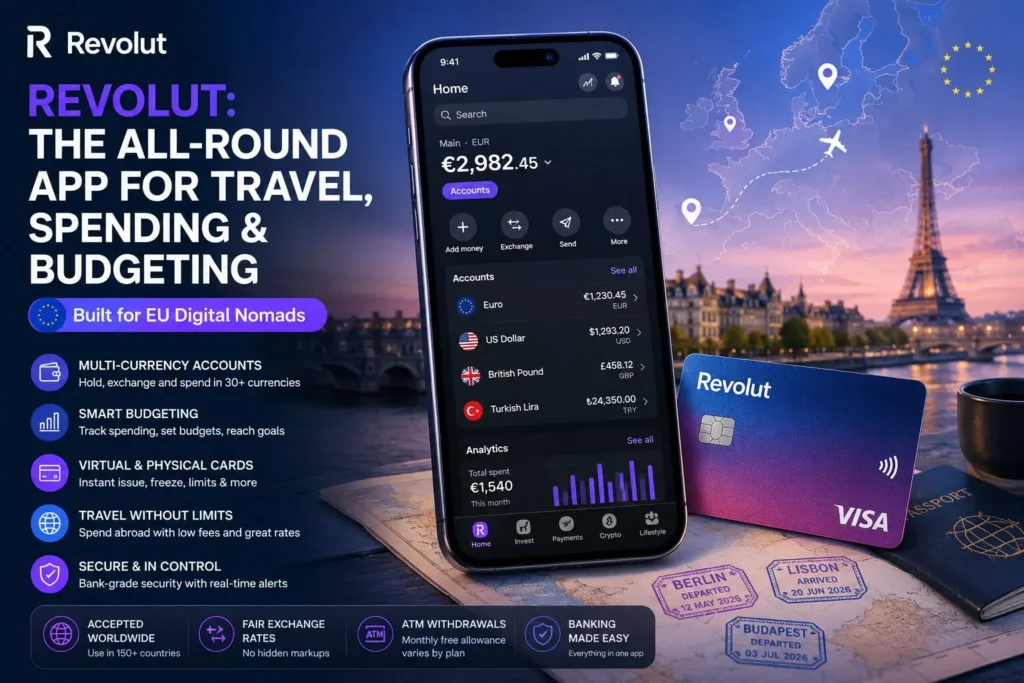 Best Banking Apps for EU Digital Nomads in 2026 (Wise, Revolut, N26 & More) 8 Revolut app illustration for EU digital nomads showing travel spending, multi-currency balances, budgeting tools, and modern mobile banking features.