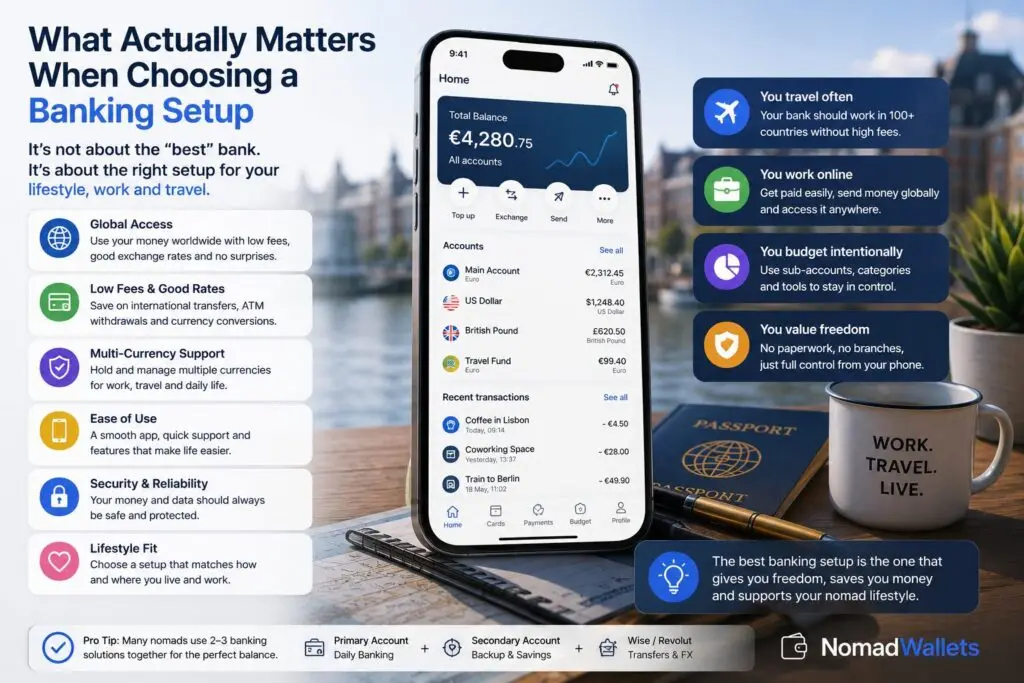 Best Banking Apps for EU Digital Nomads in 2026 (Wise, Revolut, N26 & More) 6 Illustration showing what actually matters when choosing a banking setup for EU digital nomads, including global access, low fees, multi-currency support, security, and travel-friendly banking features.